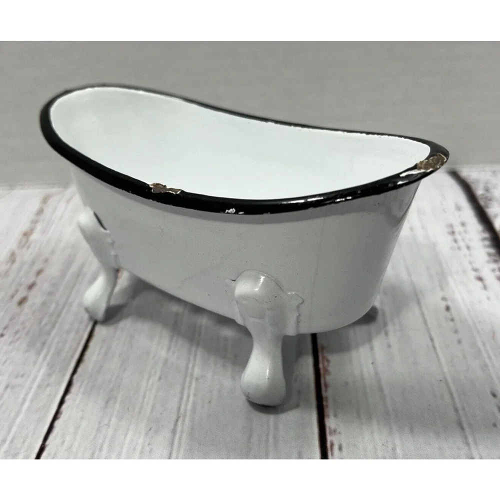 White Bathtub Enamelware Soap or Scrubby‎ Sponge Holder 5.5 Inches Farmhouse